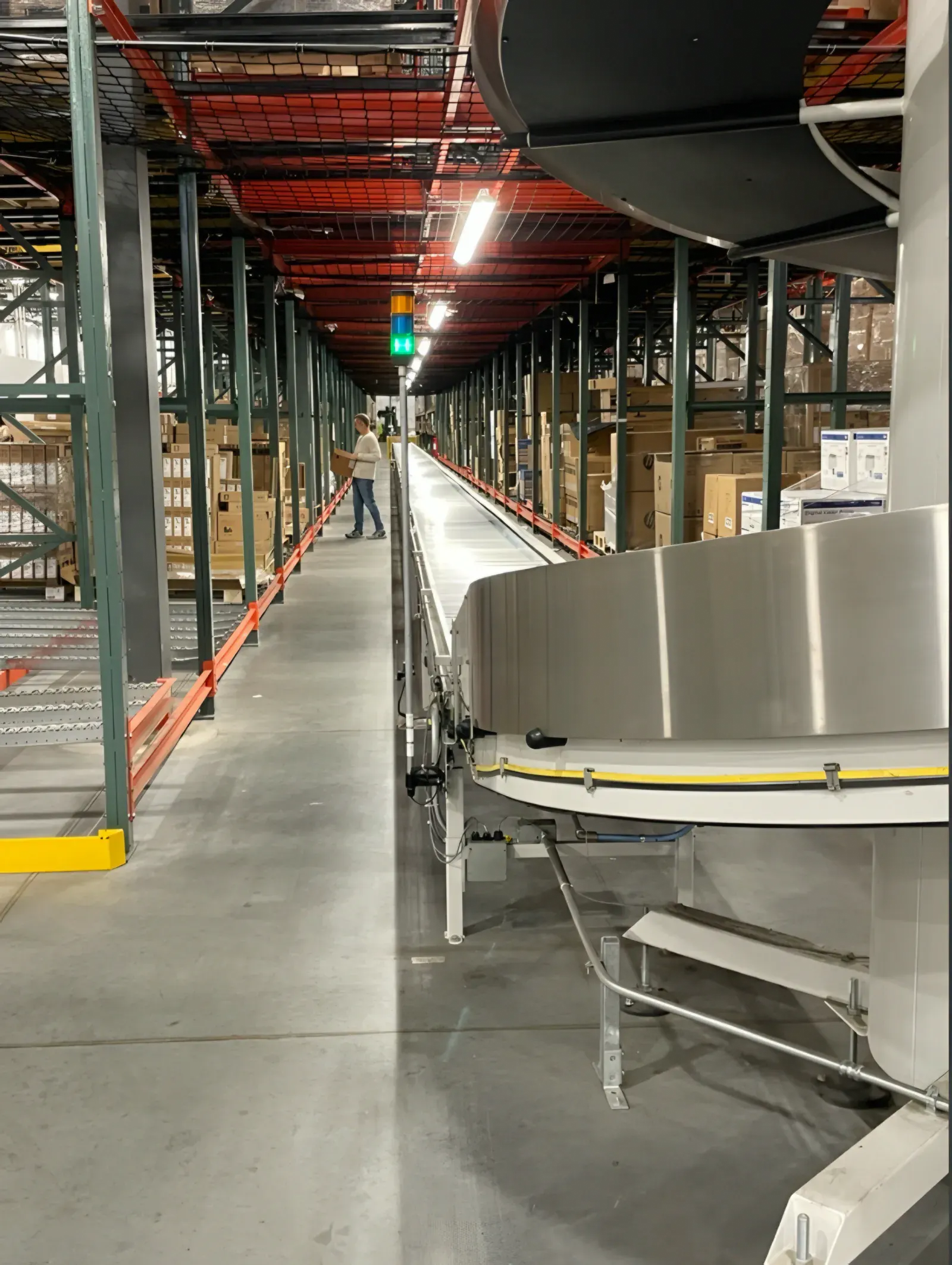 Product moves along a spiral conveyor between pick modules on the warehouse floor.